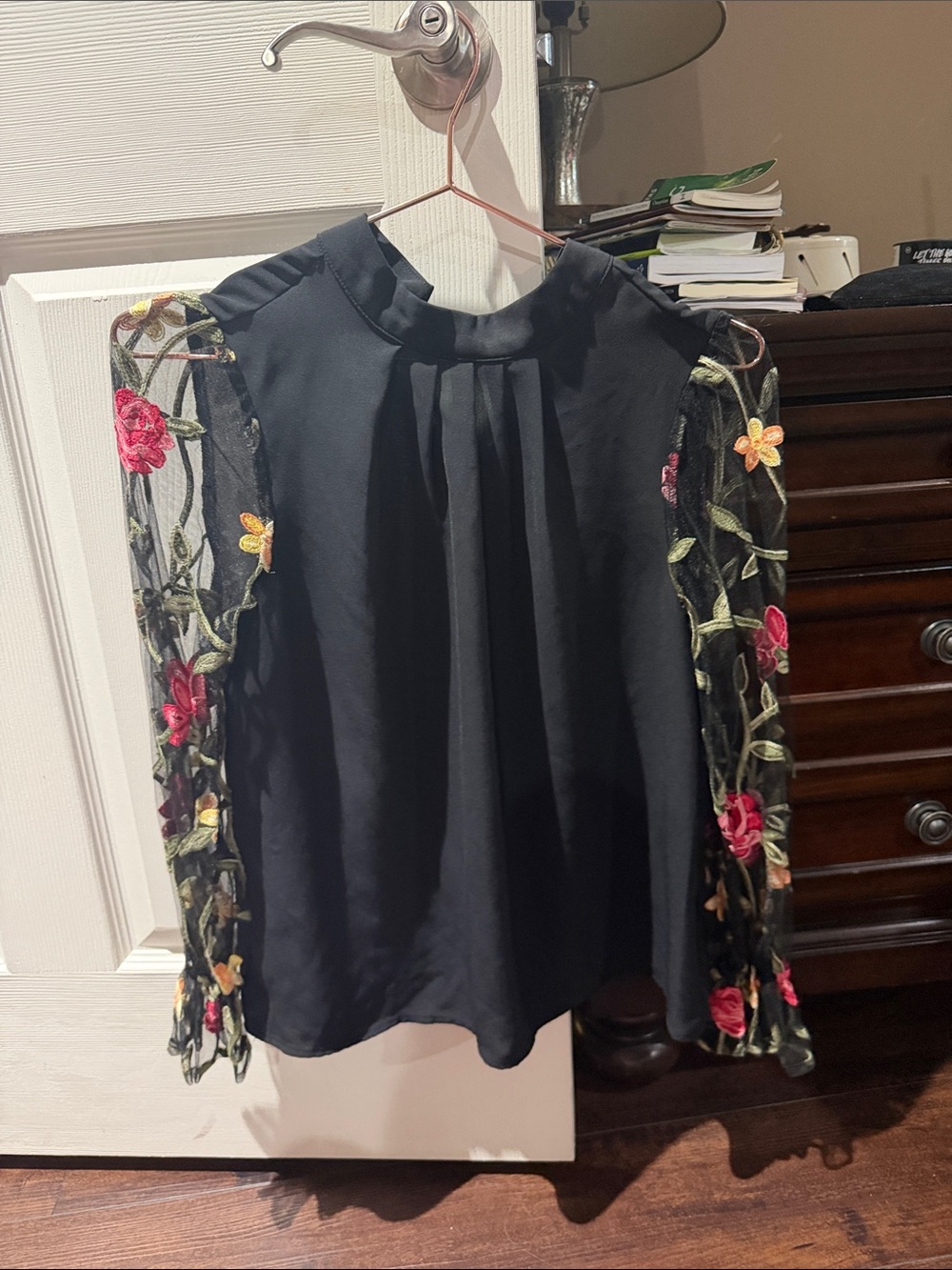 SHEIN Black Blouse with Floral Embroidered Mesh Sleeves